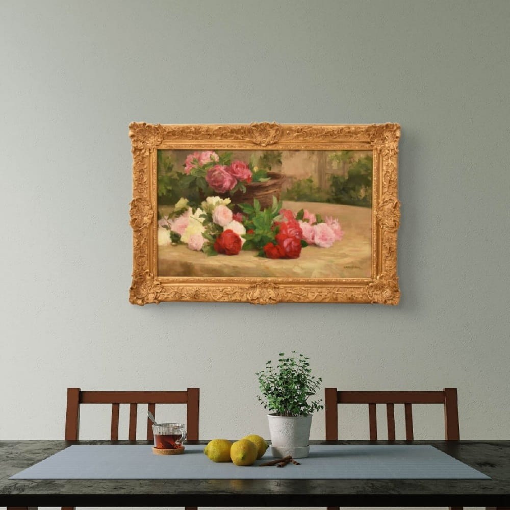 QF783 2a antique floral roses painting flower oil still life XIX